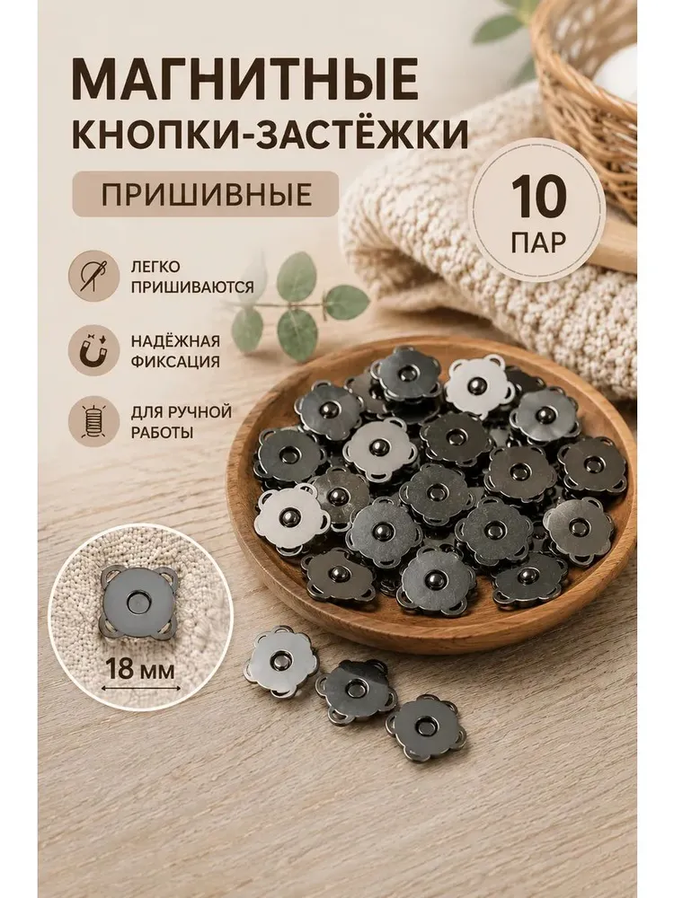 Пришивные магнитные кнопки 10 пар 18 мм черный никель, черный
