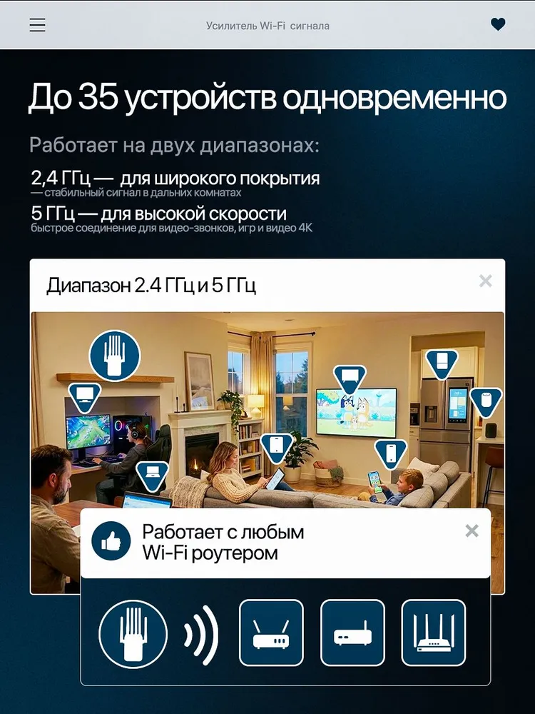 Репитер, Усилитель сигнала Wi-Fi, 2.4 ГГц/5ГГц, 1200 Мбит/с, 6 антенн, вариант, фото 6