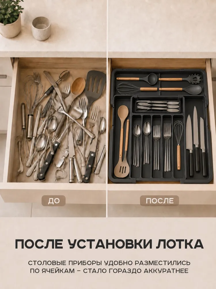 Лоток для столовых приборов в ящик раздвижной, органайзер для ложек и вилок 9 секций, 3356 3748 см, черный, черный, фото 6
