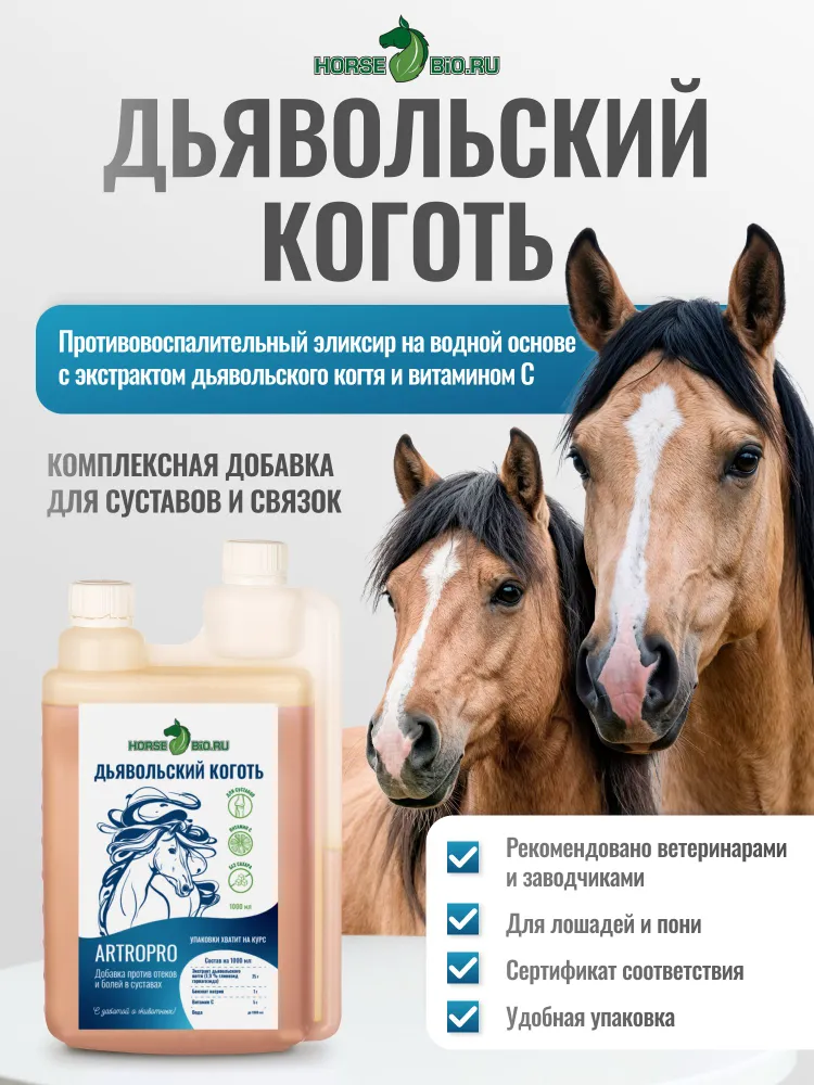 Кормовая добавка для лошадей противовоспалительного действия, Эликсир ДЬЯВОЛЬСКИЙ КОГОТЬ с витамином С Horse-Bio ArtroPro, 1000 мл, 1 л