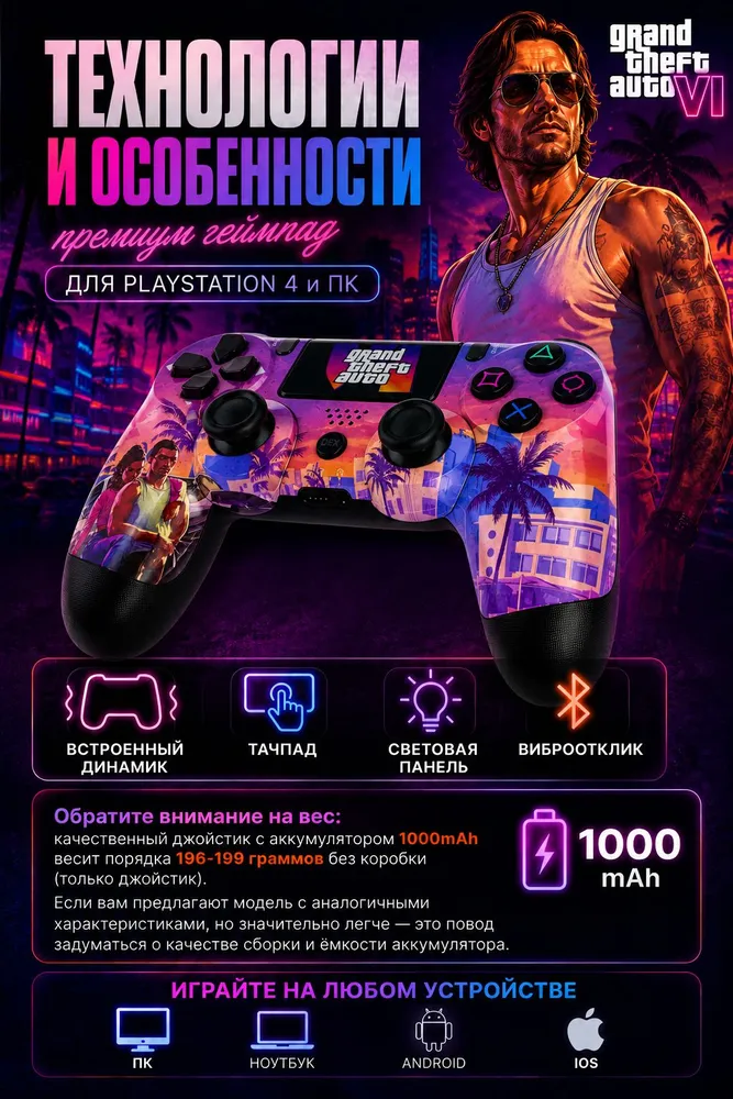 Джойстик для PS4 беспроводной, DualShock 4 для ПК, GTA 6, вариант, фото 4