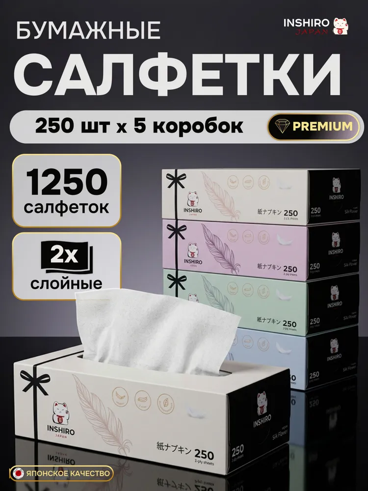 Салфетки бумажные 2 слоя 200 листов 24x24, 250 шт, 1250 шт