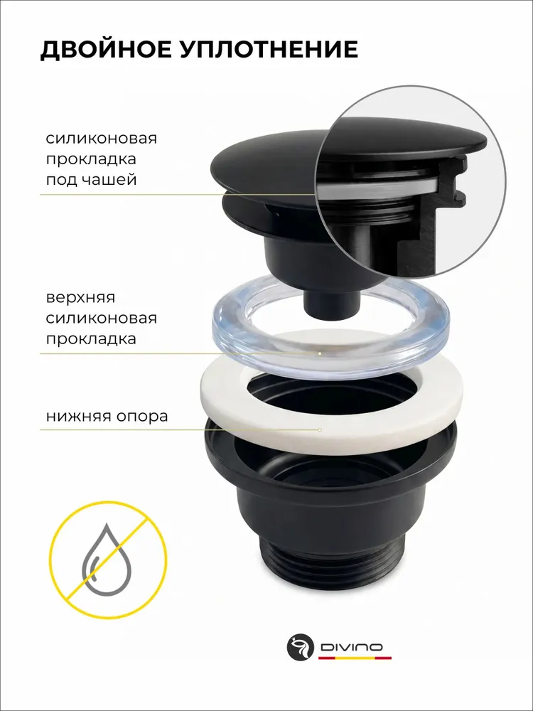 Донный клапан для раковины универсальный DIVINO 1 1/4 дюйма с системой Click-Clack из латуни цвет чёрный / Код 16386, черный, фото 4
