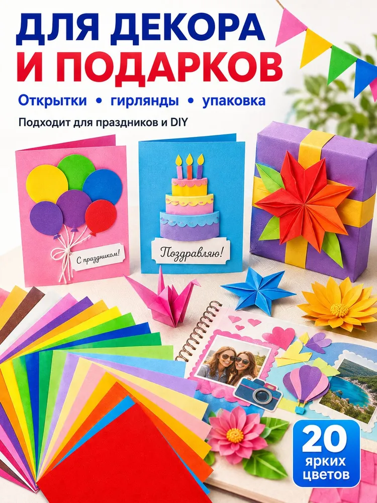 Бумага для оригами квадратная, 400 листов, 20 цветов, 3 размера: 20x20, 15x15 и 10x10 см, для творчества и поделок, 20x20, 20 цв., фото 4