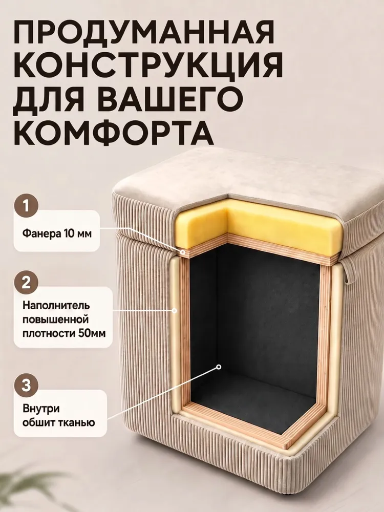 Пуфик в прихожую с ящиком для хранения, велюр, вариант, фото 6