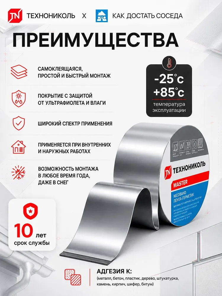 Самоклеящаяся битумная лента герметик NICOBAND - ТЕХНОНИКОЛЬ, 10 м х 15 см, серебристый, 10 м, фото 2