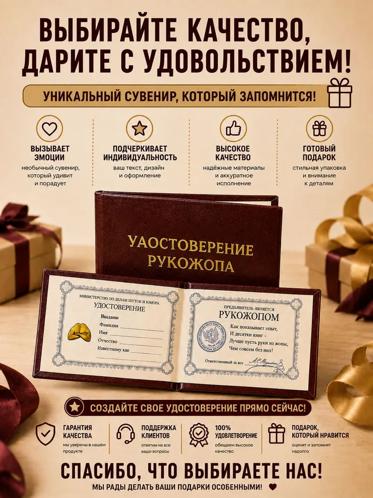 Сувенирное шуточное удостоверение "Рукожопа", ксива, прикол, розыгрыш, подарок мужчине, вариант, фото 4