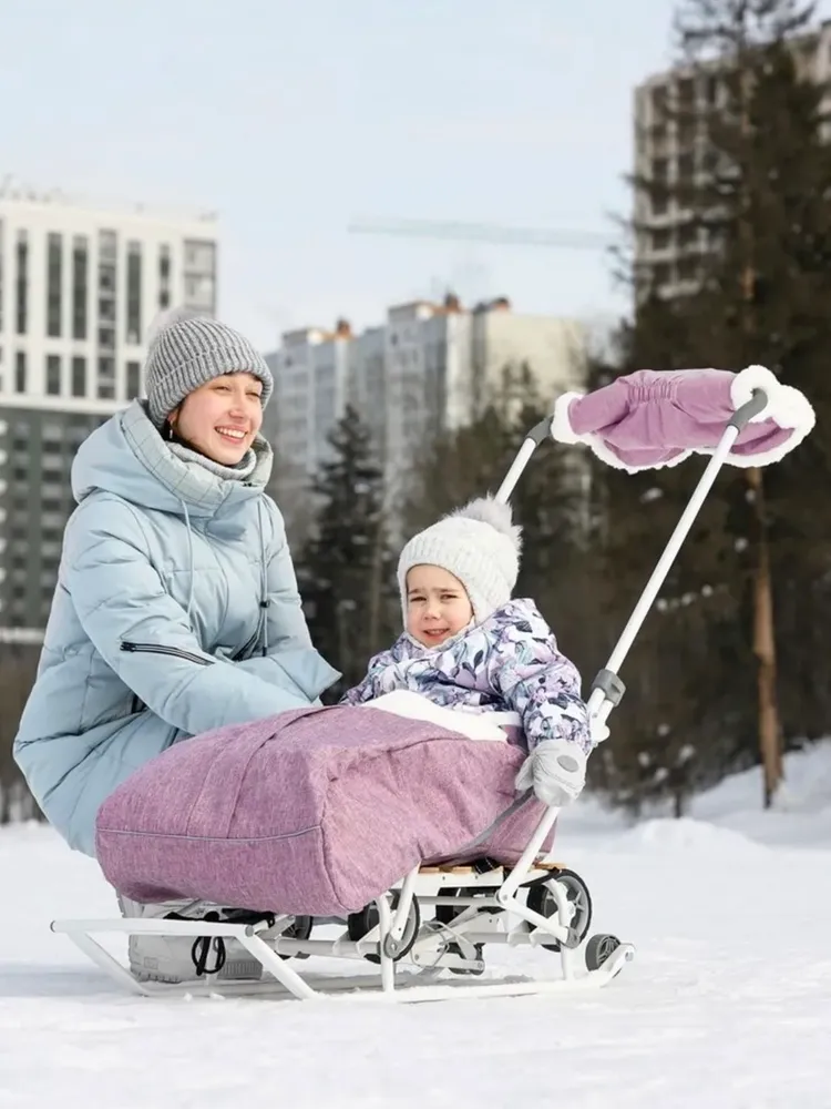 Санки с колесами Nika Nikki 3НП, детские складные, выдвижные колеса, перекидная ручка, чехол для ног, муфта, ремень безопасности, до 25 кг, 25 кг, фото 5