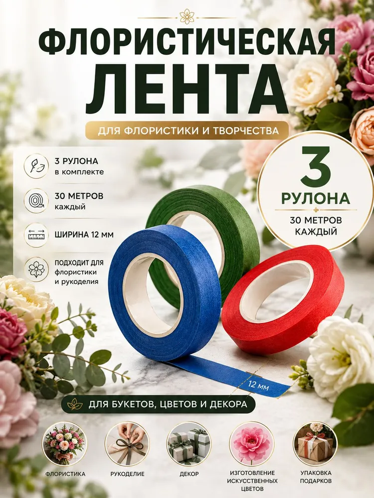 Флористическая тейп-лента 12 мм 30 м, набор 3 шт, тейп для цветов, лента для рукоделия и искусственных цветов, 30 м, 3 шт