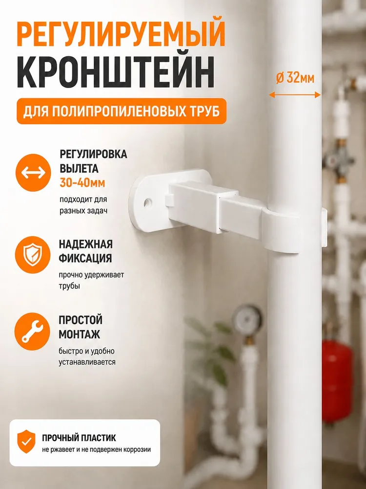 Кронштейн регулируемый 30-40мм, для полипропиленовых труб с клипсой диаметром 25мм, 32мм