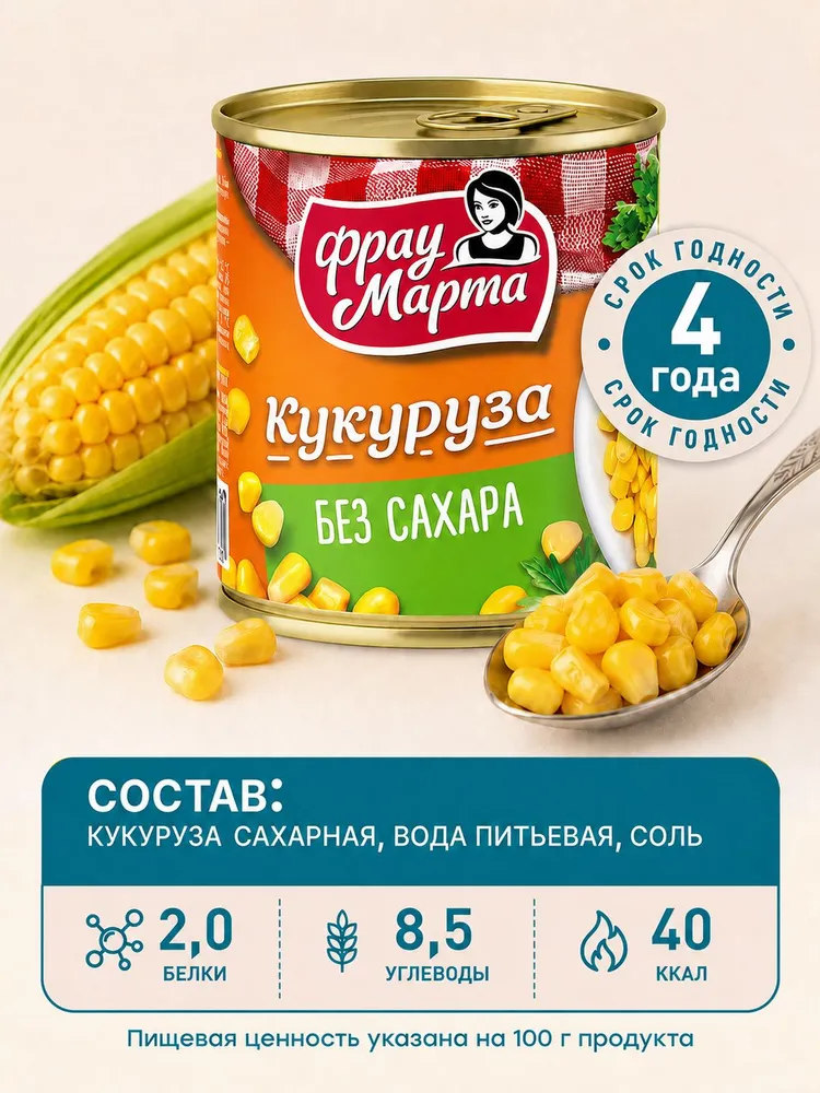 Горошек зеленый без сахара, кукуруза без сахара Фрау Марта 310 г, 6 шт, 310 г, 6 шт, фото 2