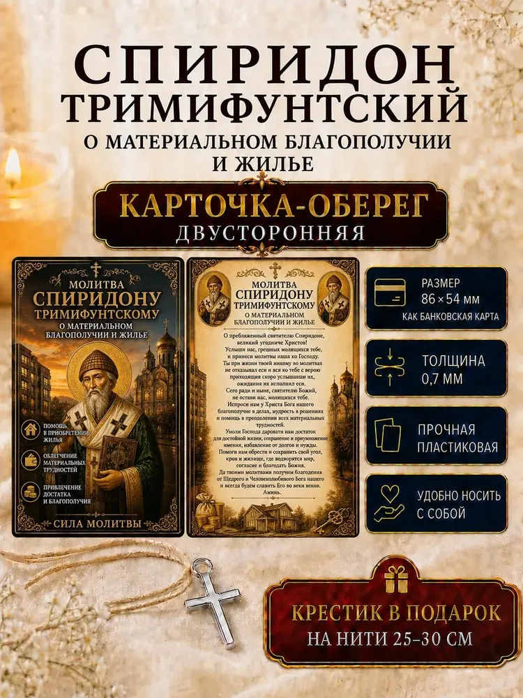 Карточка с молитвой Спиридону Тримифунтскому о благополучии и жилье, икона-оберег, вариант