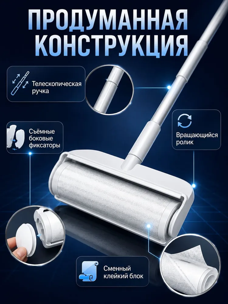 Швабра с липким роликом 24 см, телескопическая ручка 25-124 см, для удаления шерсти, волос и пыли с пола, ковров и мебели, белая, белый, фото 3