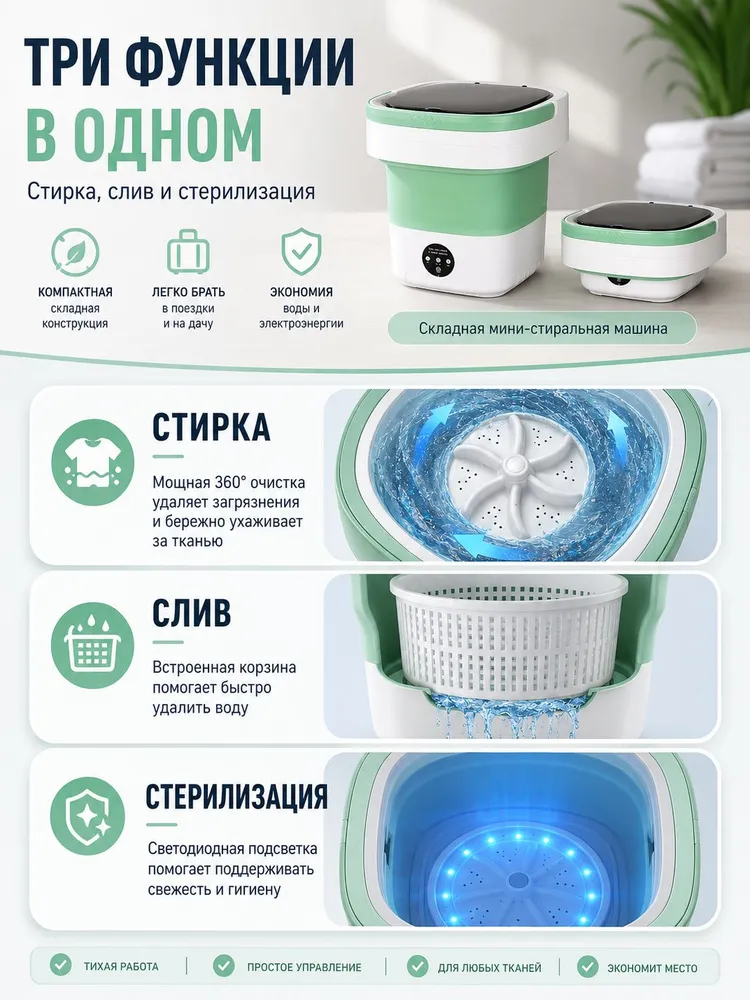 Мини стиральная машина складная 16 л, улучшенная модель с подсветкой основания для одежды, носков, белья и детских вещей, 16 л, фото 3