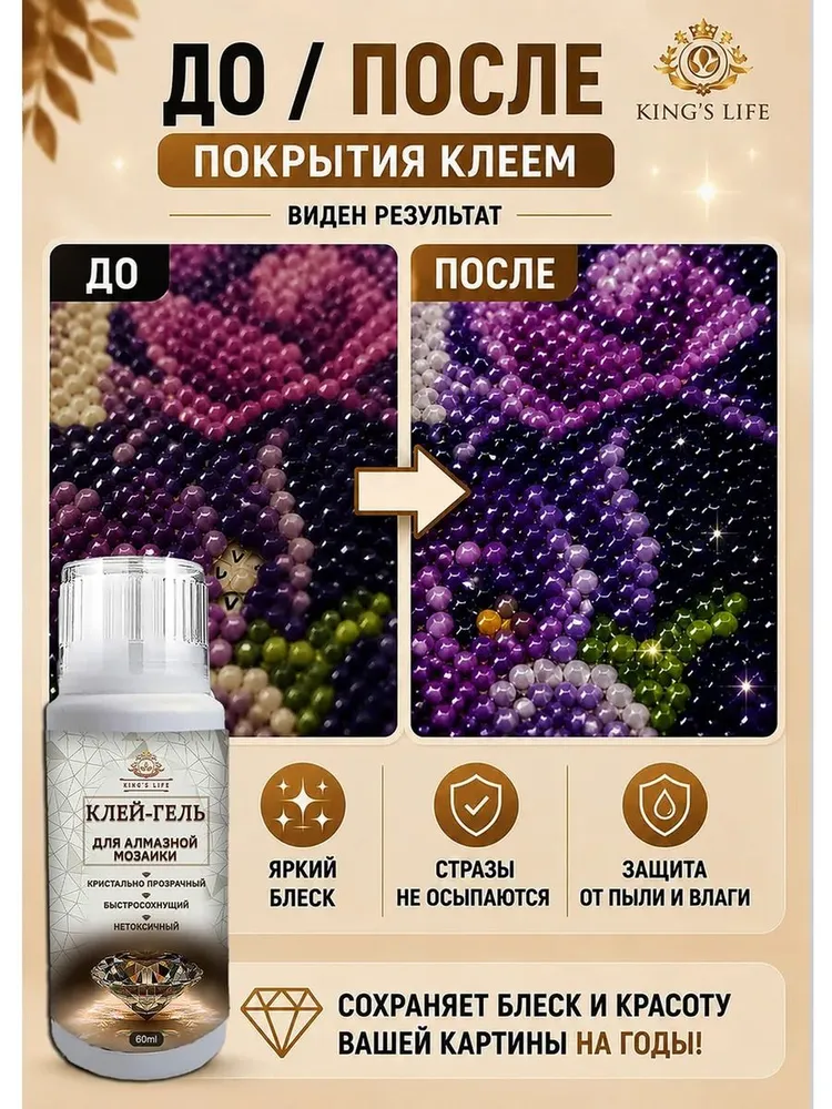 Клей гель закрепитель для алмазной мозаики финишный фиксатор прозрачный 60 мл профессиональный KING'S LIFE, 60 мл, фото 3