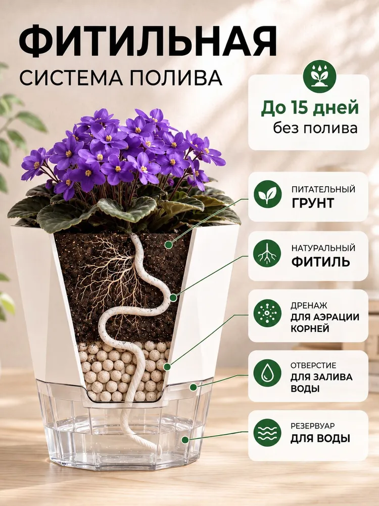 Кашпо с фитильным автополивом 1л. 3 шт., 1 л, 3 шт, фото 2