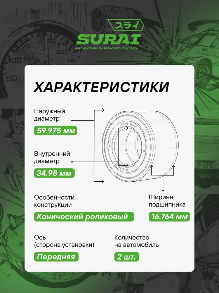 Ступичный подшипник SURAI для Chevrolet Spark, Daewoo Matiz передний, комплект (SRS 01766, аналог GM 96285525, подшипник ступицы), вариант, фото 3