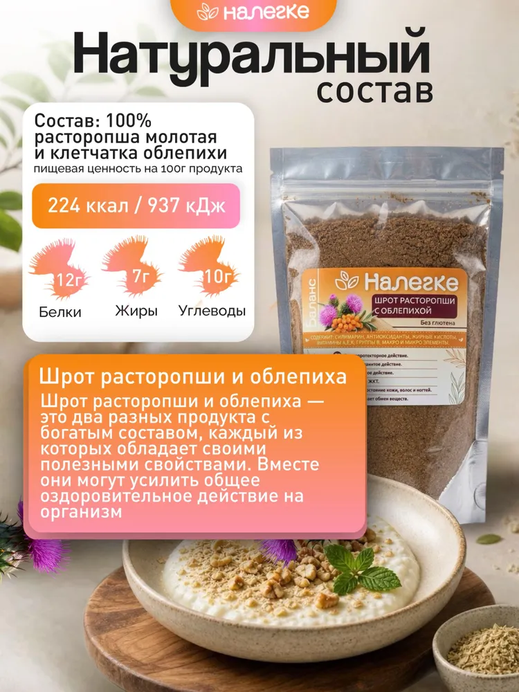 Расторопша шрот. Порошок натуральный. Облепиховая клетчатка. Налегке, 250 гр., 250 г, фото 2
