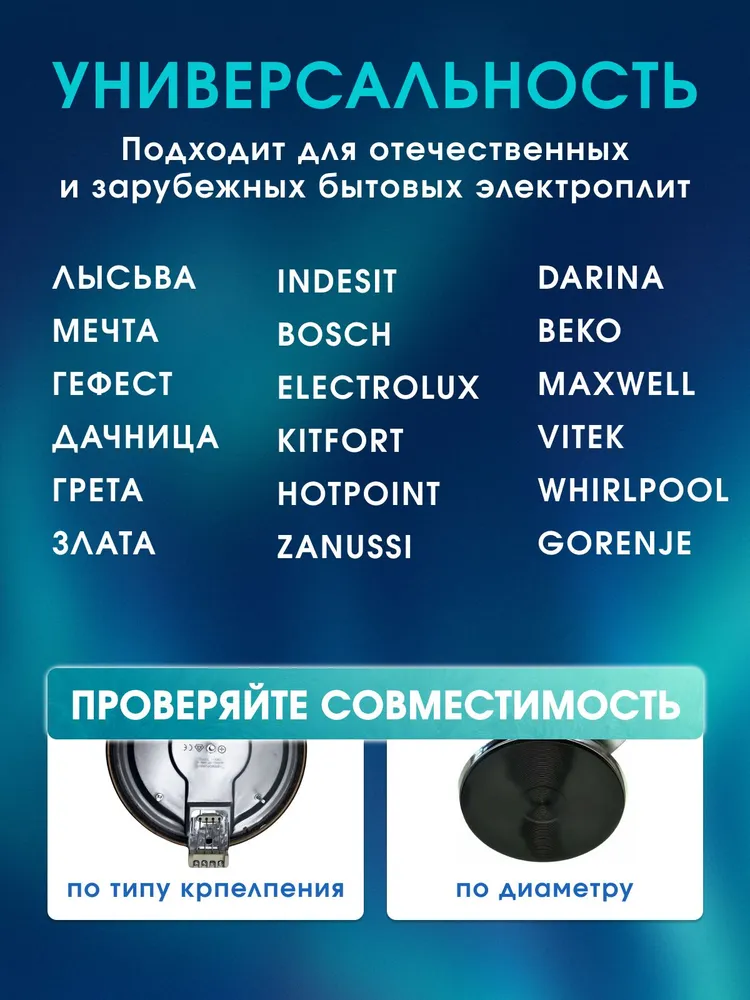 Набор конфорок для электроплиты ЭКЧ 145 мм + 180 мм, чугунные электрические блины 1000Вт и 1500Вт (COK001UN + COK002UN), комплект 2 шт., 1000 Вт, 1500 Вт, фото 5