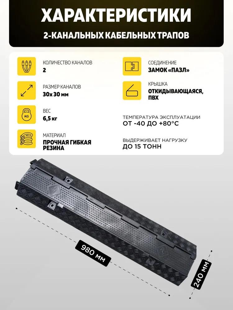 2х канальный кабель-канал c черной крышкой 980мм*240мм*44мм для проводов (кабельный трап, капа) резиновый напольный, 2 канала 37*37 мм., 37x37 мм, фото 2
