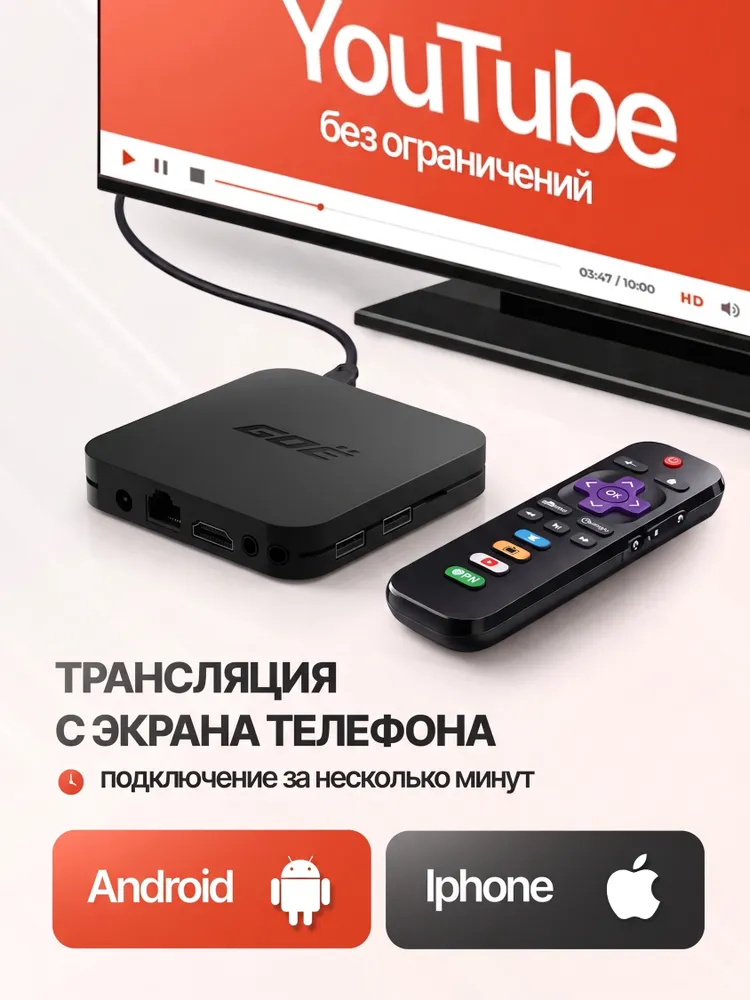 Смарт ТВ приставка для телевизора, Wi-Fi, Smart TV GOE Basic 2/16 Гб, Медиаплеер для цифрового ТВ с пультом, 16 ГБ, фото 3
