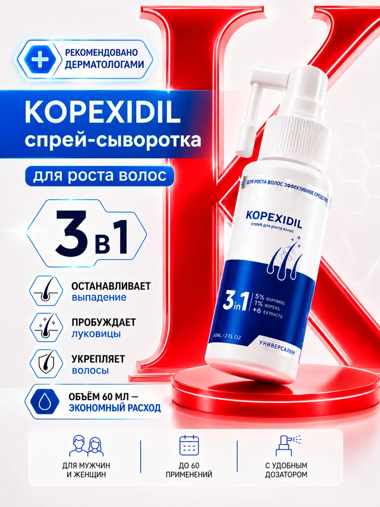 Спрей для роста волос, сыворотка от выпадения волос 3-в-1 Kopexidil / Копексидил, вариант