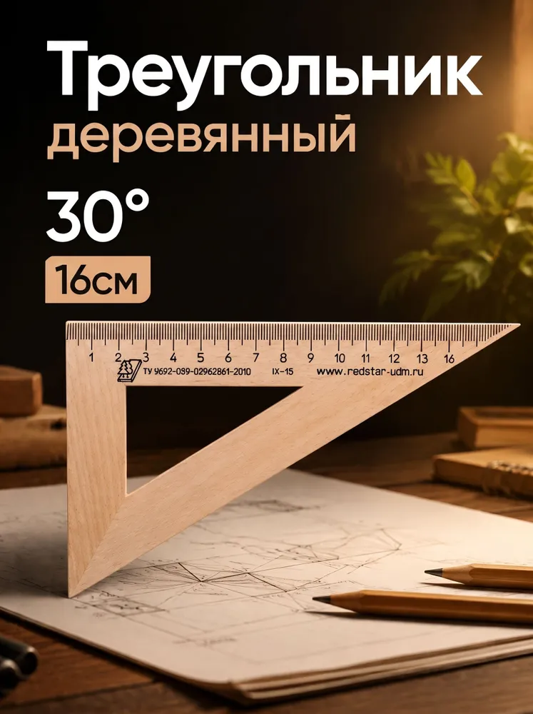 Треугольник деревянный 30 градусов, 16см, вариант