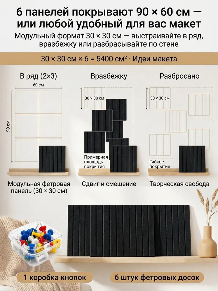 Панели фетровые самоклеящиеся 3030 см, 6 шт., акустические и для заметок, 9 мм, с 15 кнопками, без сверления, черные, для стен, звукоизоляция и органайзер, 6 шт, фото 3