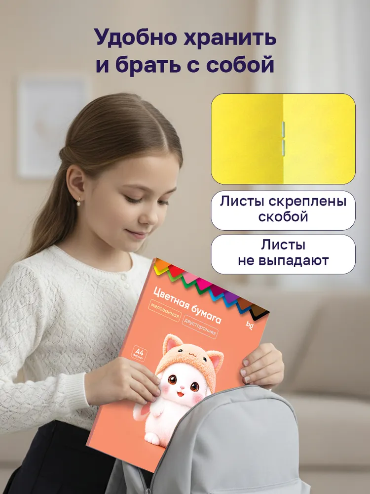 Цветная бумага двусторонняя для школы А4 16 листов, вариант, фото 5
