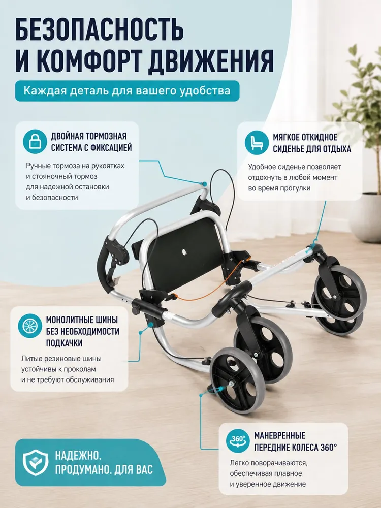 Ходунки-роллаторы четырехколесные Rebotec Поло плюс-T (L) складные с сиденьем и тормозной системой, нагрузка до 120 кг (181.30), 120 кг, фото 3
