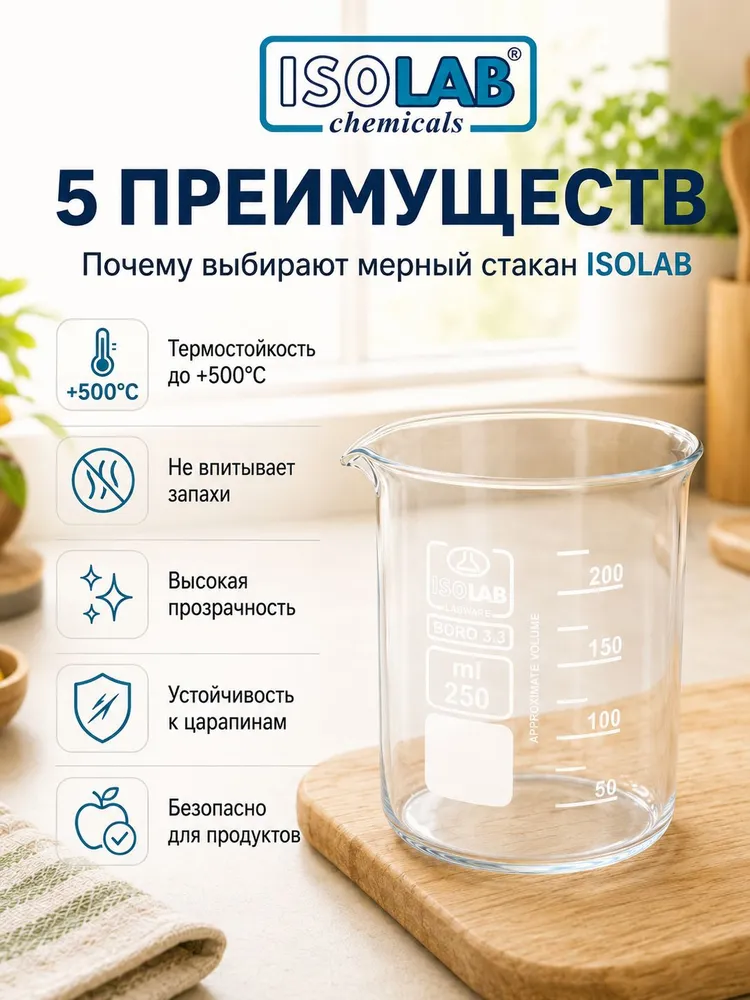 Мерный стакан низкий 250 мл, термически и химически стойкое стекло, Isolab, Германия (025.01.250/1), 250 мл, фото 3