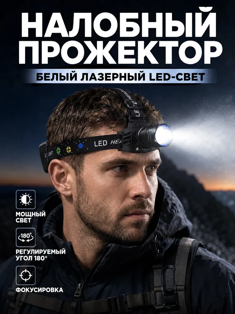 Налобный прожектор лазерный LED, USB-C, 5 режимов, регулируемый фокус, вариант