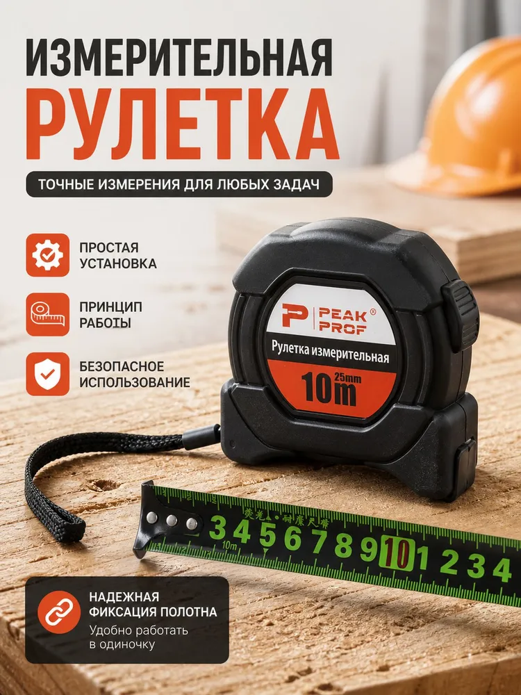Рулетка строительная с автостопом 10 м x 25 мм, прорезиненный корпус, усиленный зацеп, 10 м