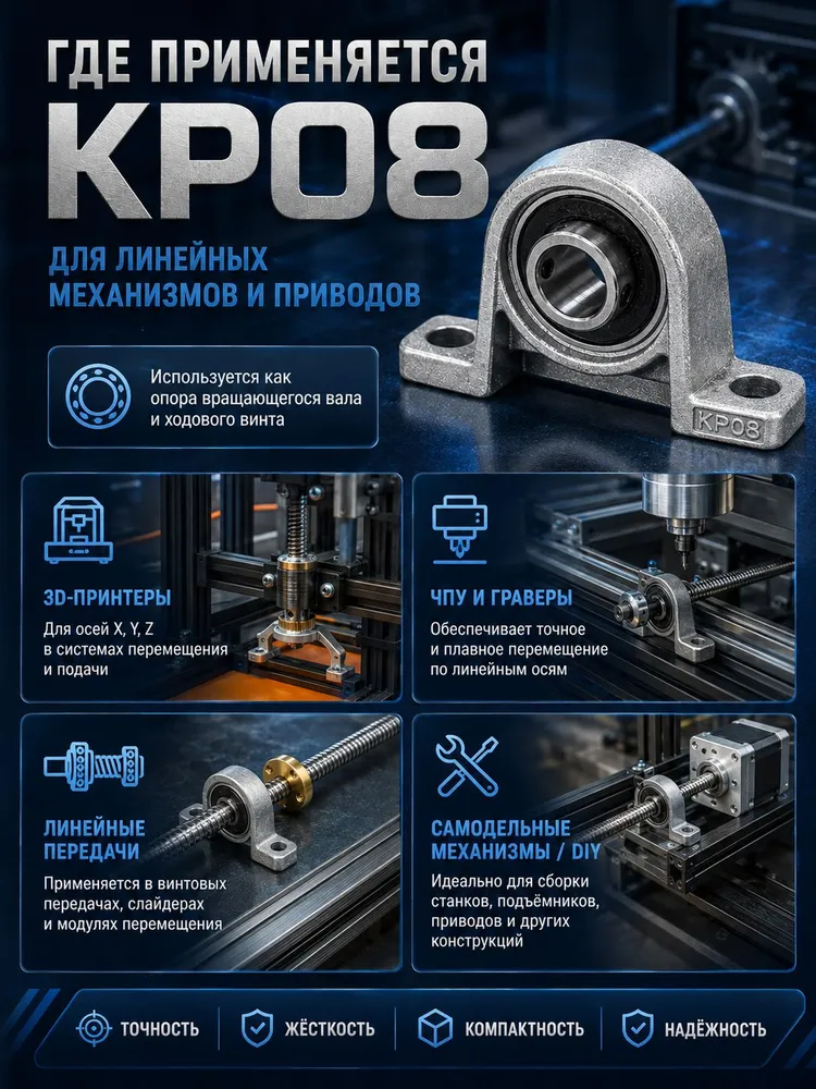Подшипниковый узел KP08 8 мм, корпусной опорный подшипник для вала 8 мм, 2 отверстия M5, фиксация винтами, вариант, фото 5
