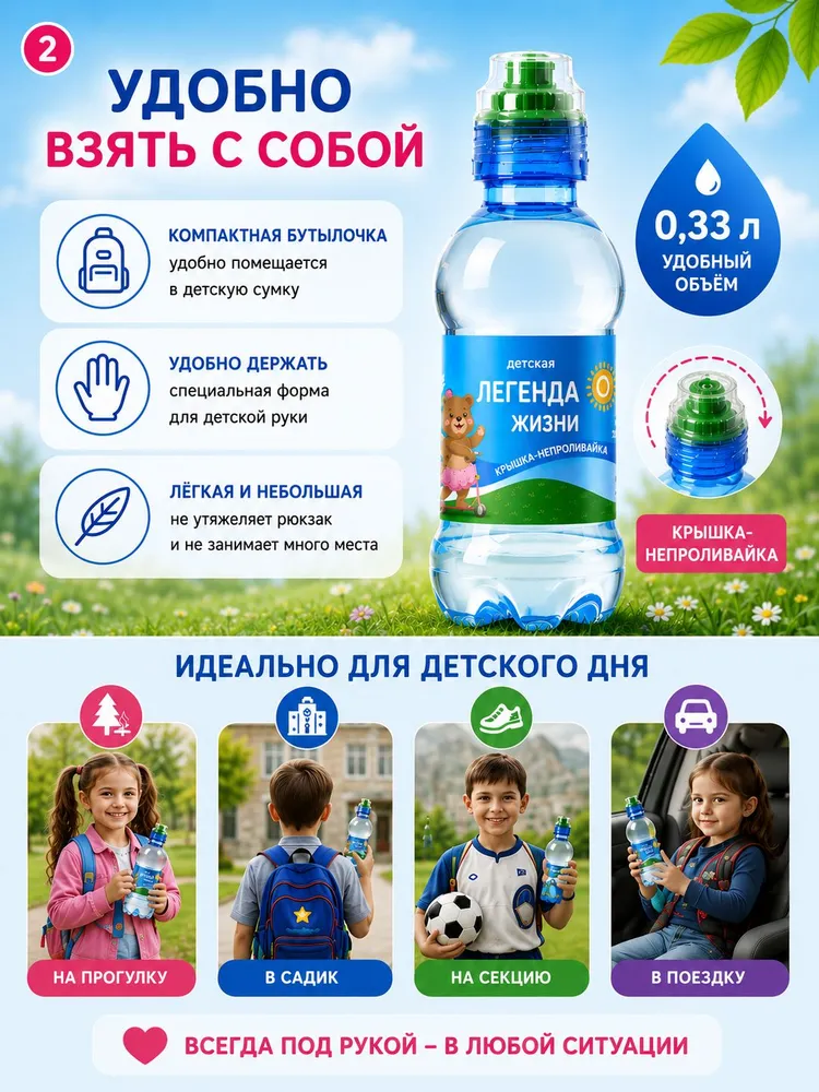 Вода детская питьевая с крышкой-непроливайкой 12 шт. по 0,33л. Легенда Жизни, 12 шт, 330 мл, фото 4