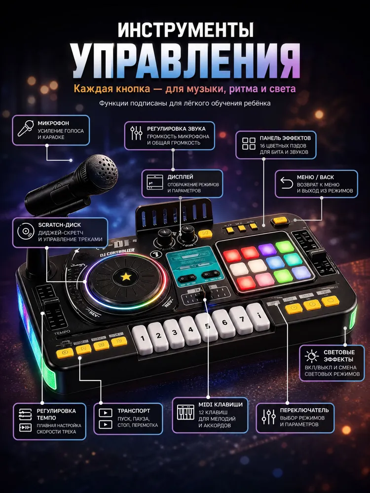 Диджейский микшерный пульт детский с микрофоном Музыкальная интерактивная игрушка для мальчика и девочки с трех лет Bluetooth DJ-пульт, вариант, фото 3