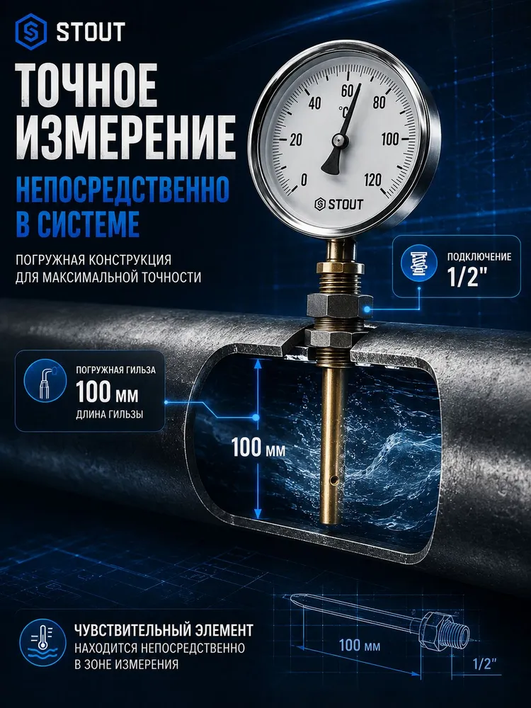 Термометр биметаллический STOUT 1/2" с погружной гильзой, корпус DN 80 мм (гильза 75 мм, 0...120 С), 100 мм, фото 3
