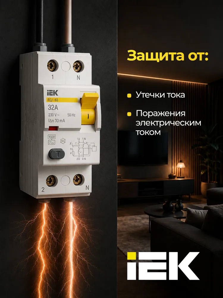 УЗО, дифференциальный выключатель IEK, ВД1-63 2Р 63А 30мА, 32А, фото 3