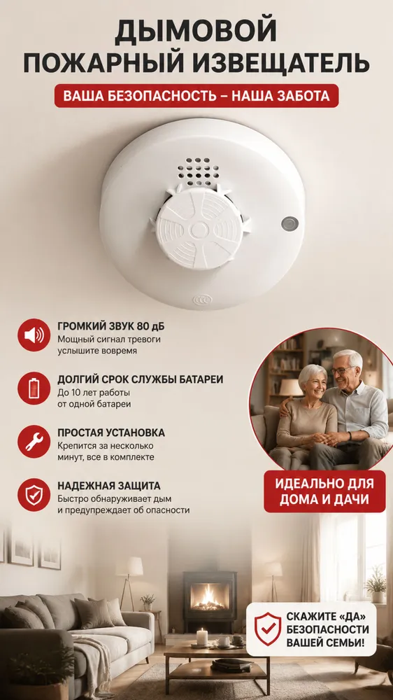 Пожарный датчик дыма 85dB, автономный, 10 лет без замены батареи, сертификат ГОСТ Р 53325, вариант, фото 2