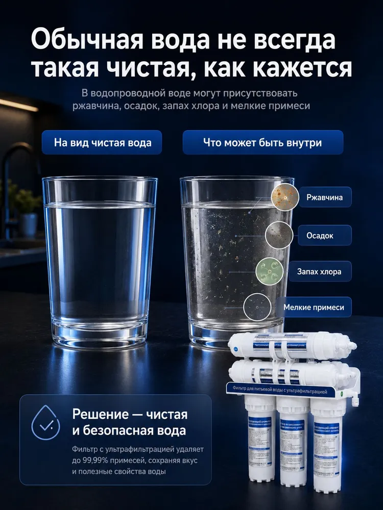 Водоочиститель бытовой, ультрафильтр 7 ступеней очистки, мембрана UF 0,01 мкм, без электричества под раковину для квартиры,фильтр для воды, вариант, фото 2