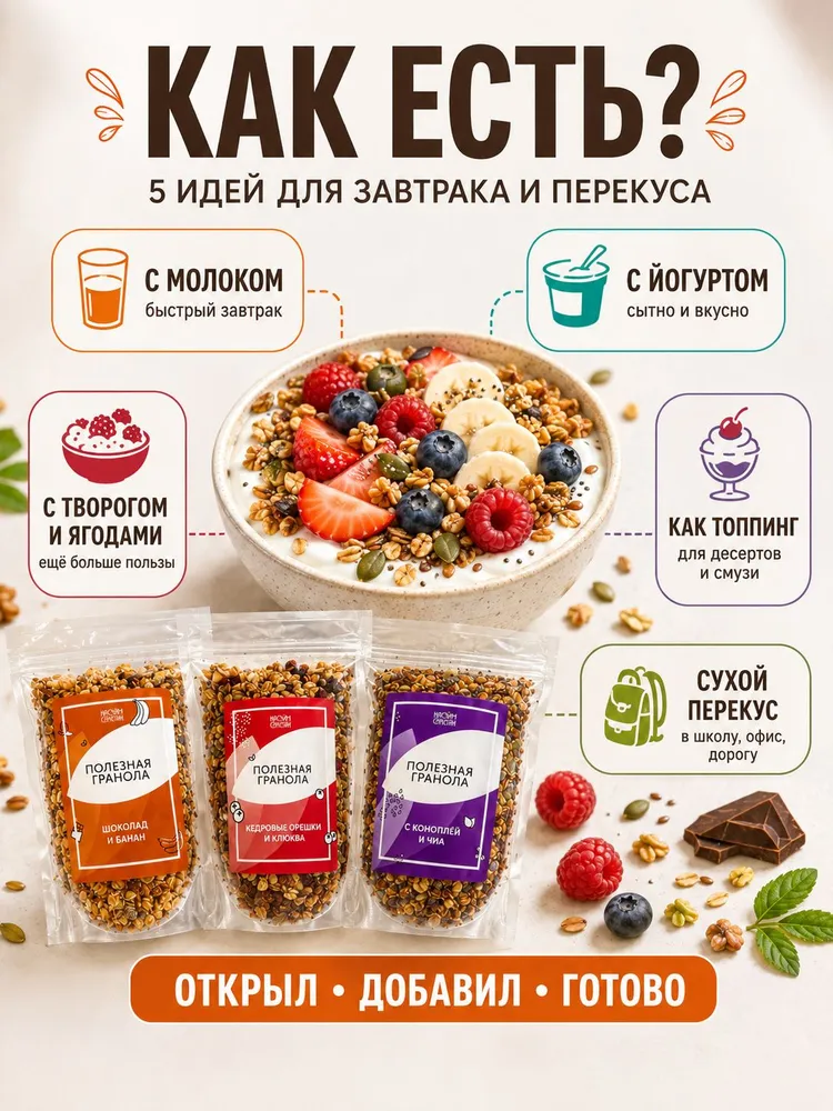 Гранола без сахара 1130 г ассорти 5 вкусов, 1,13 кг, фото 4