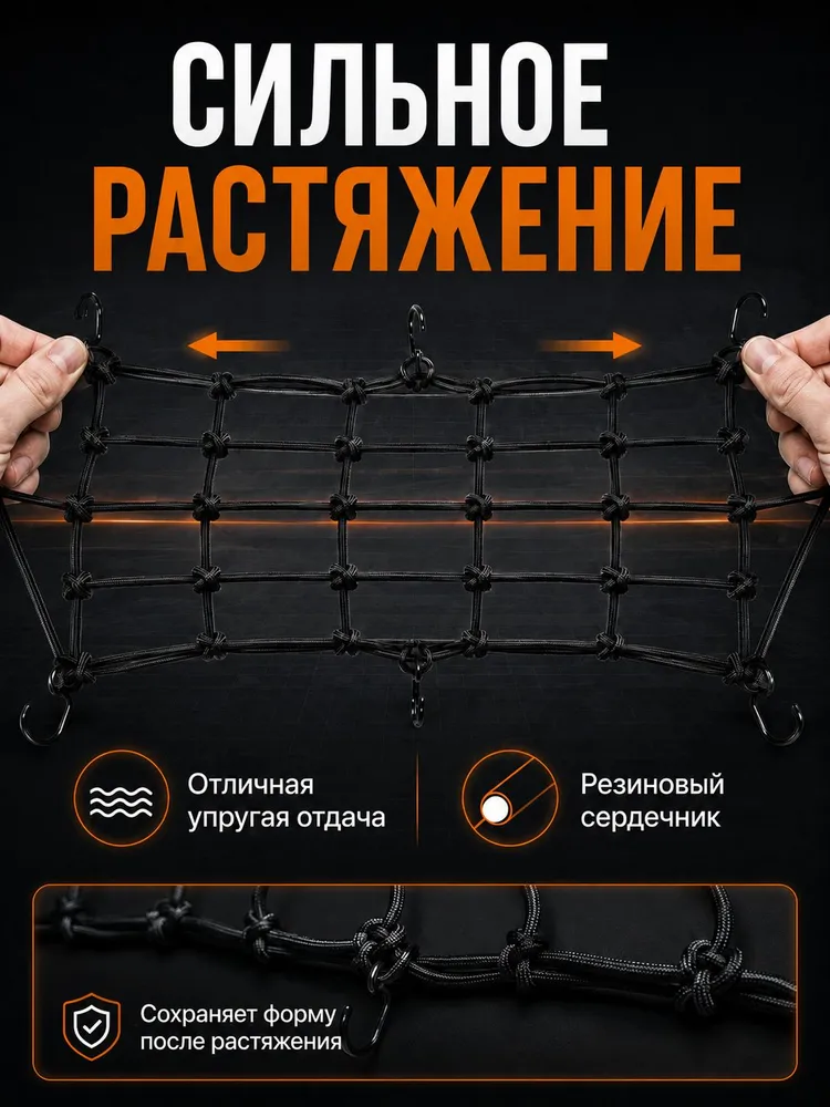 Мото багажная сетка 40х40 см из искусственной резины, с 6 крючками, черная сетка для фиксации груза и шлема на мотоцикле, 40x40 см, фото 5