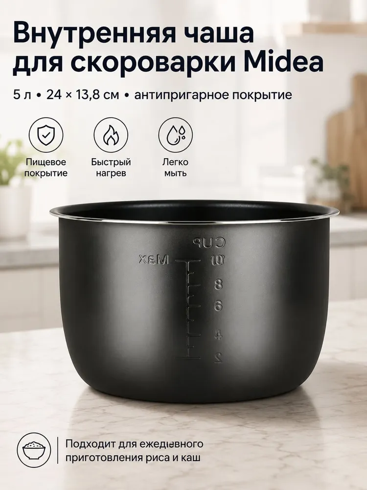 Чаша для мультиварки-скороварки Midea 5 л, антипригарная внутренняя кастрюля 24 см, сменная чаша с мерной шкалой, 5 л