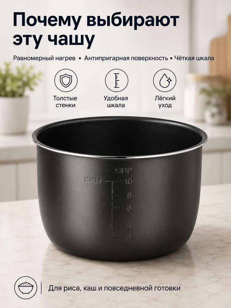 Чаша для мультиварки-скороварки Midea 5 л, антипригарная внутренняя кастрюля 24 см, сменная чаша с мерной шкалой, 5 л, фото 2
