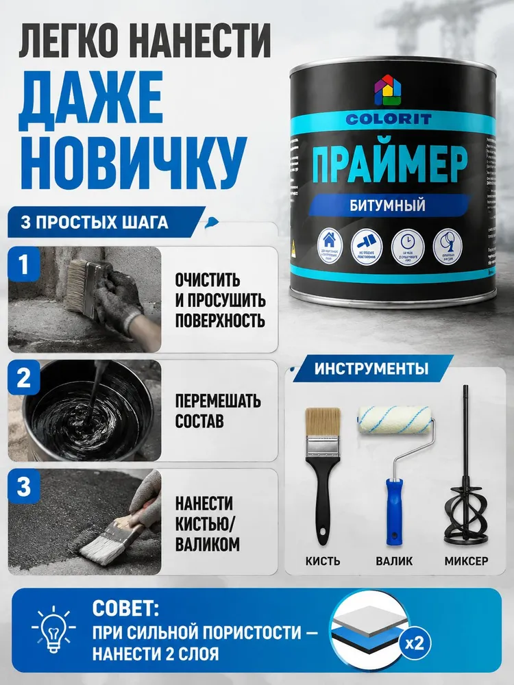 Праймер битумный Колорит 1,8 кг, гидроизоляционная грунтовка для фундамента, кровли и бетона, 1,8 кг, фото 5