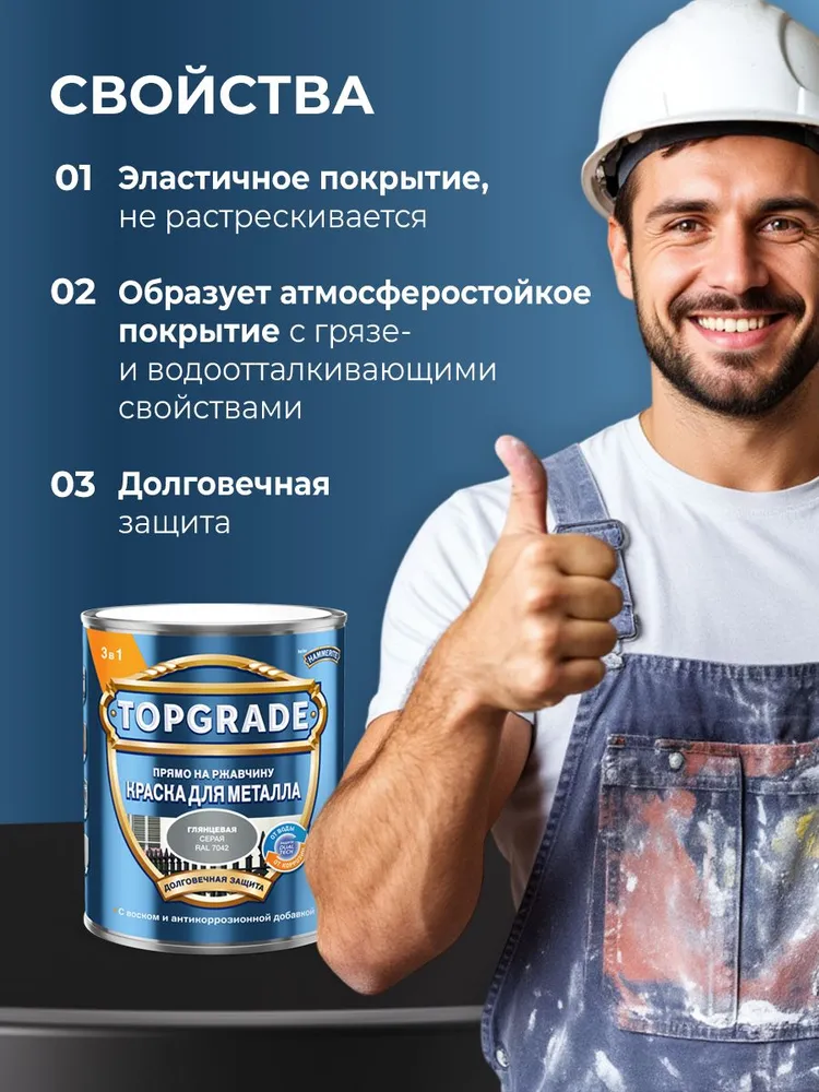 TOPGRADE (HAMMERITE) краска для металла прямо на ржавчину, глянцевая RAL 9003 белый (0,25л), 250 мл, фото 3