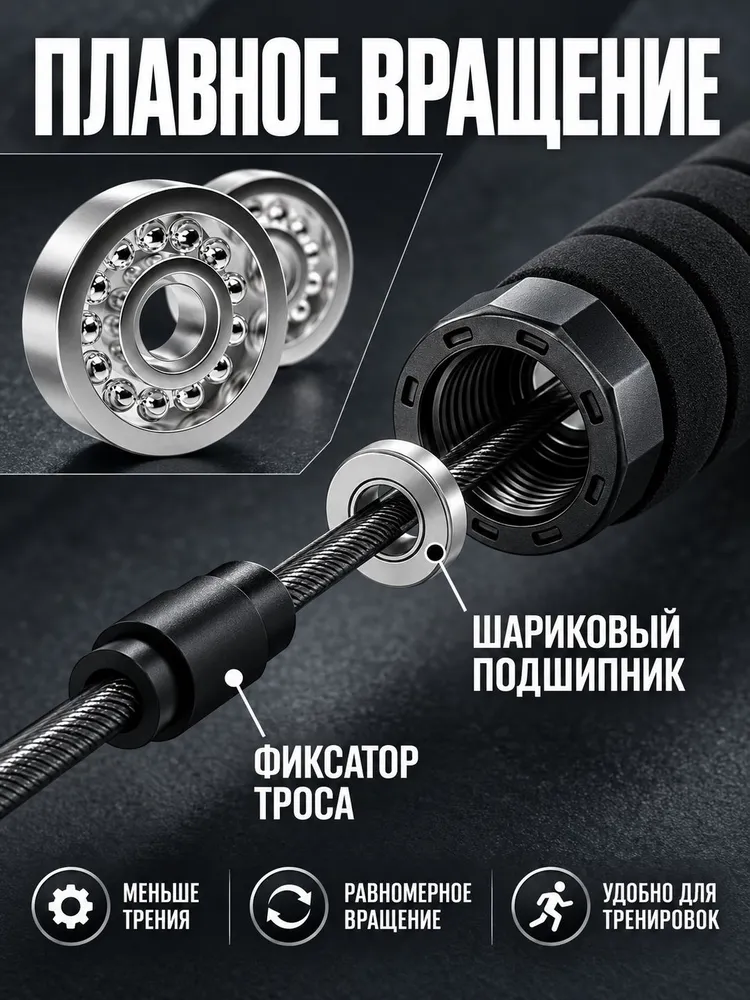 Скакалка профессиональная, скоростная для фитнеса, бокса, кроссфита, гимнастики и тренировок с подшипником и регулировкой длины, 300 см. Черная, черный, фото 3