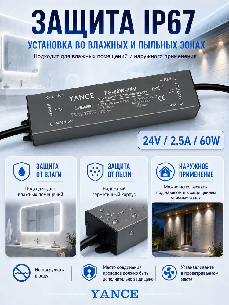 Баня Блок питания для светодиодной ленты, влагостойкий, 24В, 60 Вт, IP67, 60 Вт, фото 4