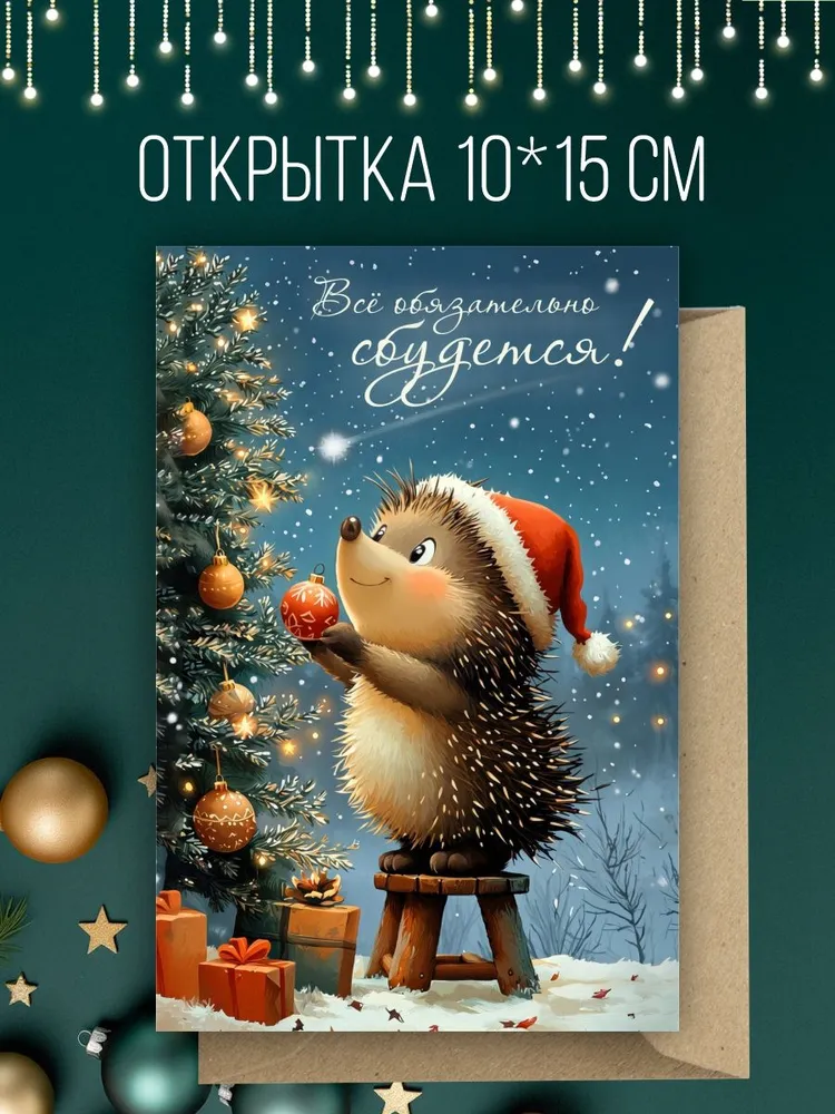 Новогодняя открытка Ежик-Санта 10*15 см на премиум-бумаге Сатин 260 г/м с крафтовым конвертом, 10x15 см, 260 г