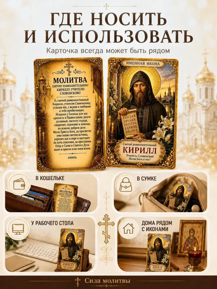 Именная православная карточка-молитва Святой равноапостольный Кирилл икона и молитва святому, вариант, фото 3